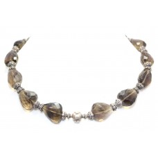 Women's Necklace 925 Sterling Silver beads brown smoky quartz stone P 412